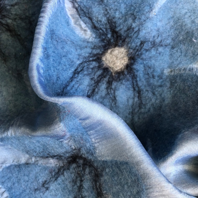 HANDCRAFTED BY 7 SISTERS — SILK & FELTED WOOL BLUE WITH BLUE FLOWERS LONG SCARF/SHAWL