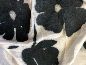 HANDCRAFTED BY 7 SISTERS — SILK & FELTED WOOL CREAM WITH BLACK FLOWERS LONG SCARF/SHAWL
