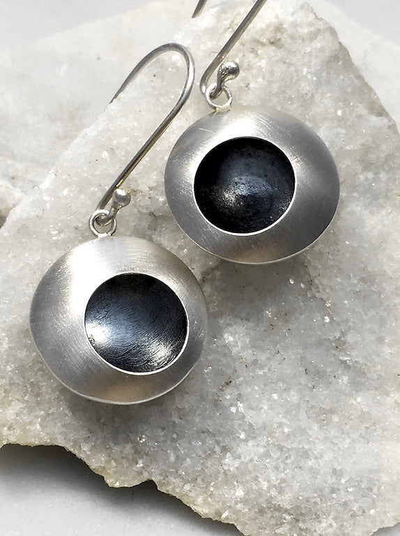 EMMA TALLACK JEWELRY — Handcrafted Double-Domed, Brushed Sterling Silver Dangling Earrings with Oxidized Centers — 1.5 centimeters