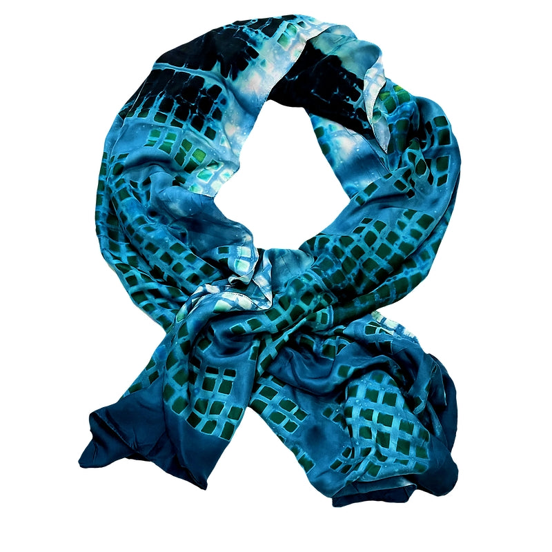 Hand-Dyed, Long Blue, Green and Black Squares Silk Scarf - Handmade by SIDR Craft