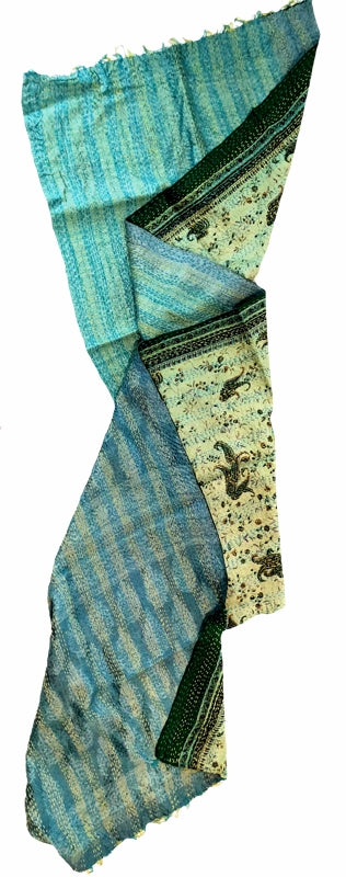 Double-sided Silk Sari Kantha Stitched Scarf (Blues, greens Paisley Print) —  The Red Sari