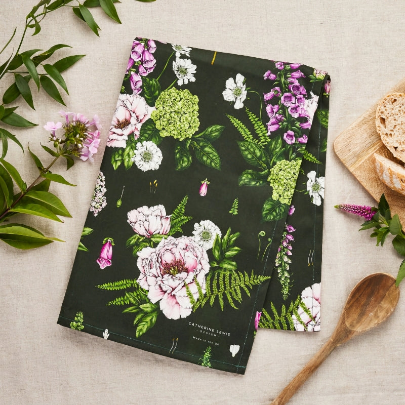 Catherine Lewis Design Summer Garden Tea Towel  —  Made In the UK With Organic Cotton
