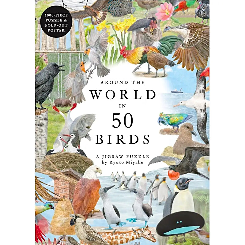 Collage of various birds from around the world with text 'Around the World in 50 Birds' on a white background.