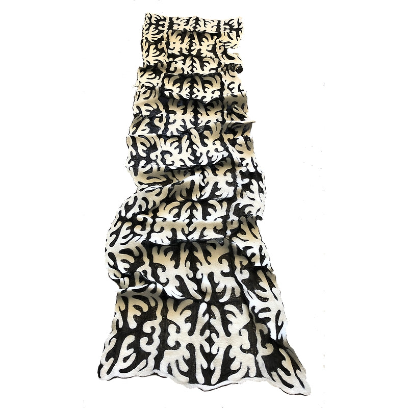HANDCRAFTED BY 7 SISTERS — Black and White Silk / Felted Wool Lace Pattern Scarf