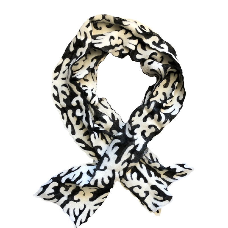 HANDCRAFTED BY 7 SISTERS — Black and White Silk / Felted Wool Lace Pattern Scarf