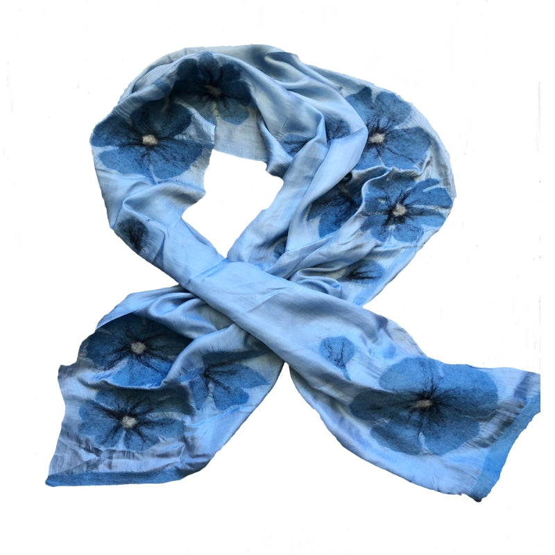 HANDCRAFTED BY 7 SISTERS — SILK & FELTED WOOL BLUE WITH BLUE FLOWERS LONG SCARF/SHAWL