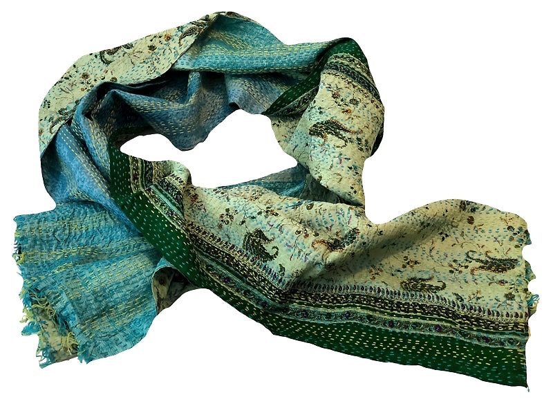 Double-sided Silk Sari Kantha Stitched Scarf (Blues, greens Paisley Print) —  The Red Sari