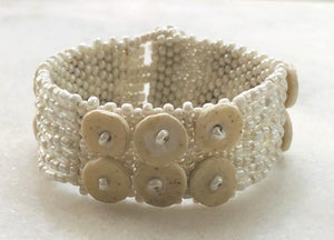  PEARL-COLORED 2-ROW SKOONHEID OSTRICH EGG SHELL BEADED BRACELET — BY OMBA ARTS TRUST