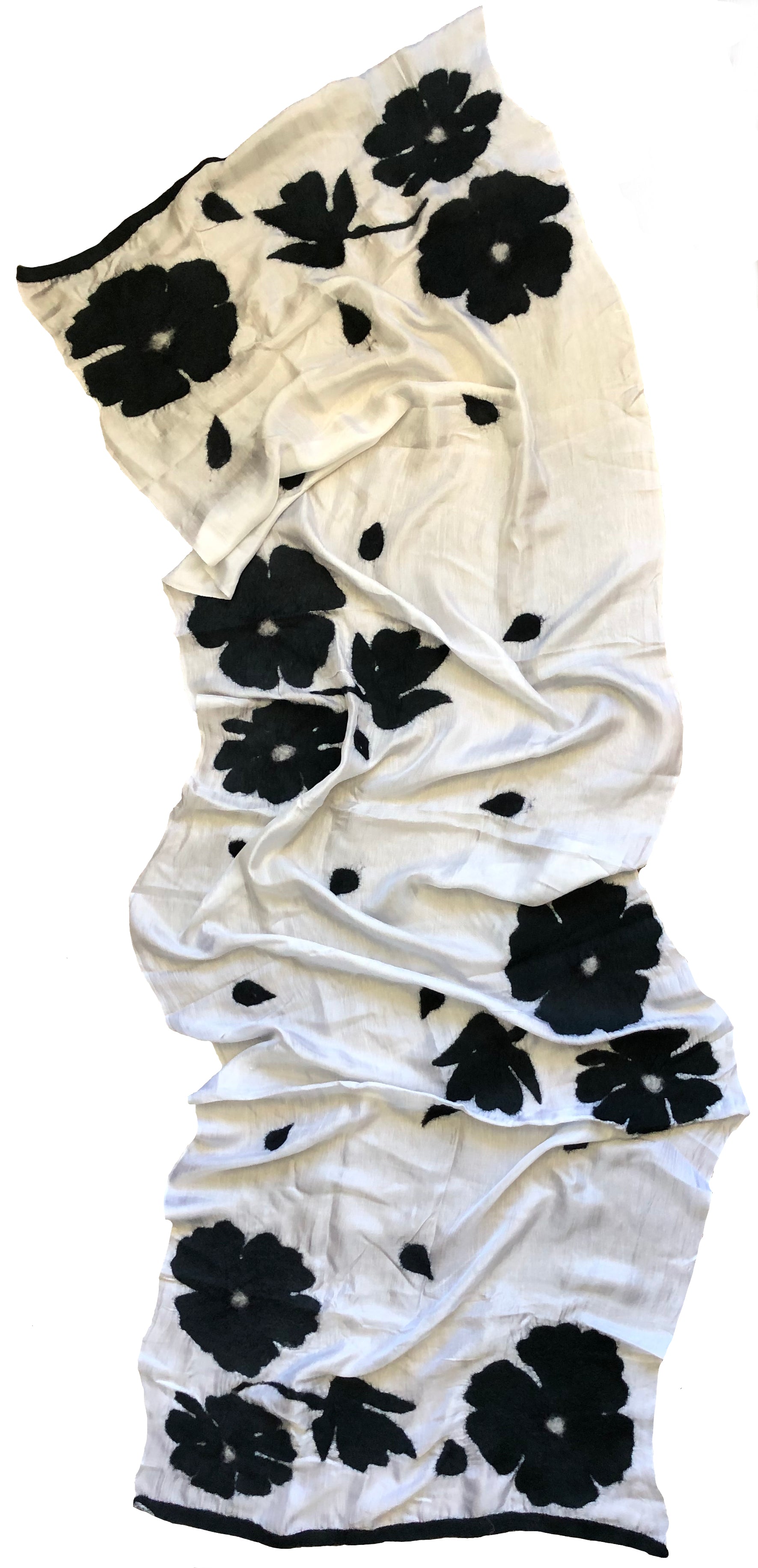 HANDCRAFTED BY 7 SISTERS — SILK & FELTED WOOL CREAM WITH BLACK FLOWERS LONG SCARF/SHAWL