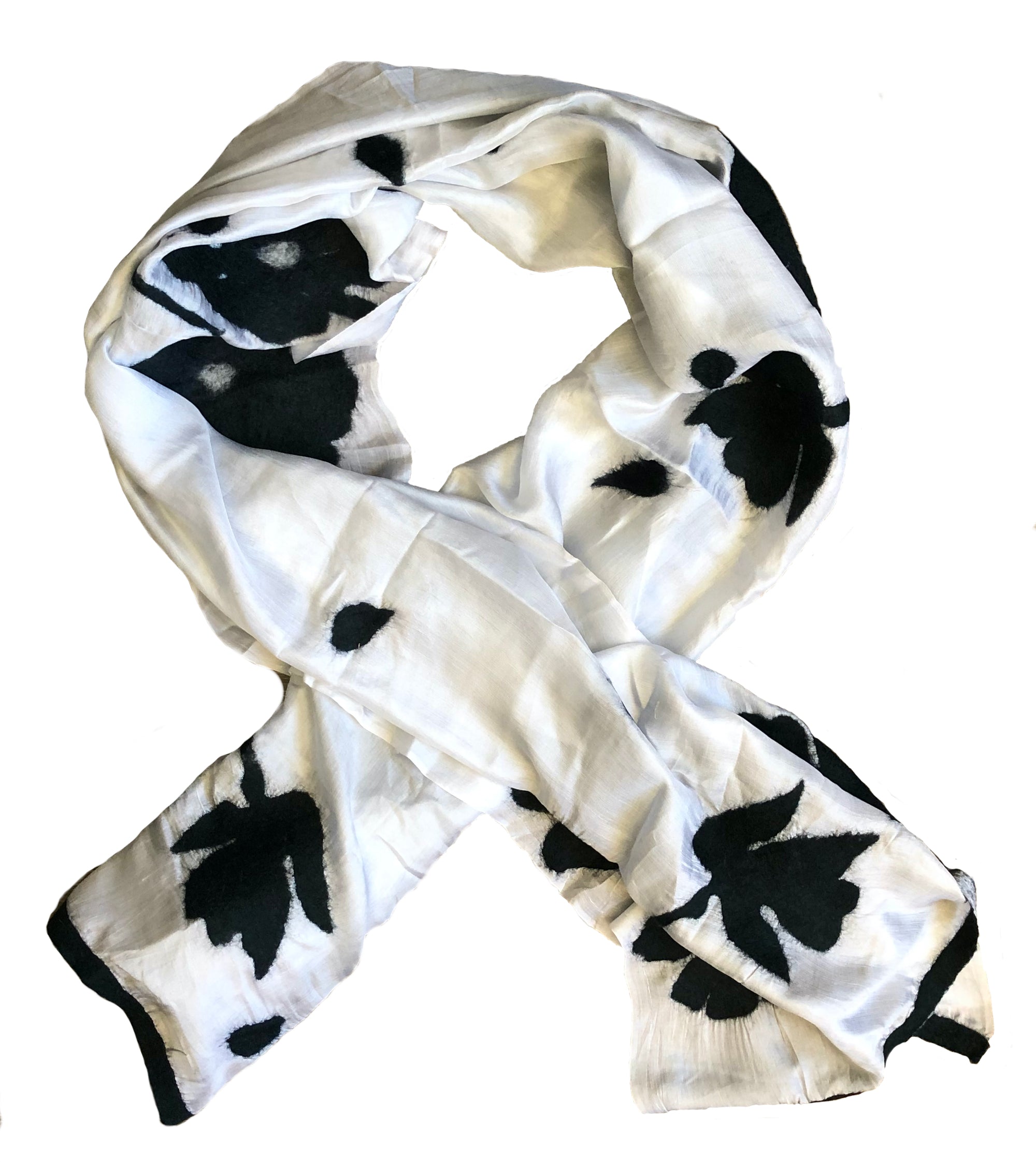 HANDCRAFTED BY 7 SISTERS — SILK & FELTED WOOL CREAM WITH BLACK FLOWERS LONG SCARF/SHAWL