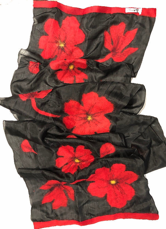 HANDCRAFTED BY 7 SISTERS — SILK & FELTED WOOL BLACK WITH RED POPPIES LONG SCARF/SHAWL