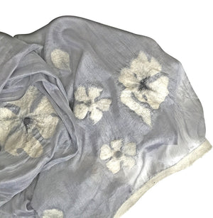 7 SISTERS — SILK & FELTED WOOL GRAY, BLACK & WHITE FLOWER-PATTERNED LONG SCARF/SHAWL