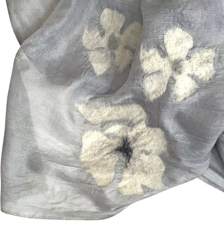 7 SISTERS — SILK & FELTED WOOL GRAY, BLACK & WHITE FLOWER-PATTERNED LONG SCARF/SHAWL