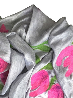 7 SISTERS — SILK & FELTED WOOL TULIP-PATTERNED, GRAY and PINK LONG SCARF/SHAWL