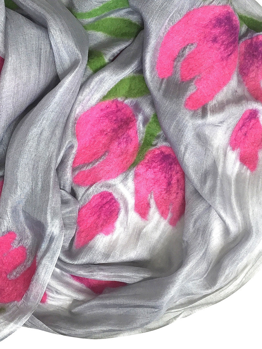 7 SISTERS — SILK & FELTED WOOL TULIP-PATTERNED, GRAY and PINK LONG SCARF/SHAWL