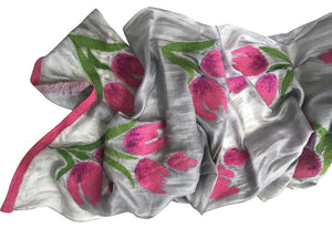 7 SISTERS — SILK & FELTED WOOL TULIP-PATTERNED, GRAY and PINK LONG SCARF/SHAWL