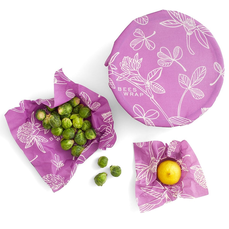 BEE'S WRAP CLOVER PRINT IN MIMI'S PURPLE - ASSORTED SET OF 3 SIZES (S, M, L)
