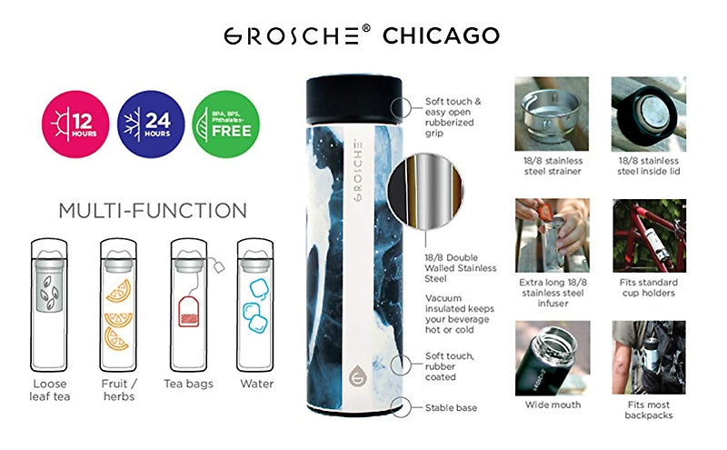 CHICAGO Double-Walled Vacuum Insulated, Soft-Touch Black Travel Infuser / Mug - Water Coffee Tea & More — By Grosche