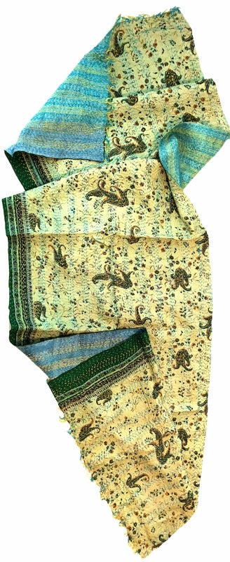 Double-sided Silk Sari Kantha Stitched Scarf (Blues, greens Paisley Print) —  The Red Sari