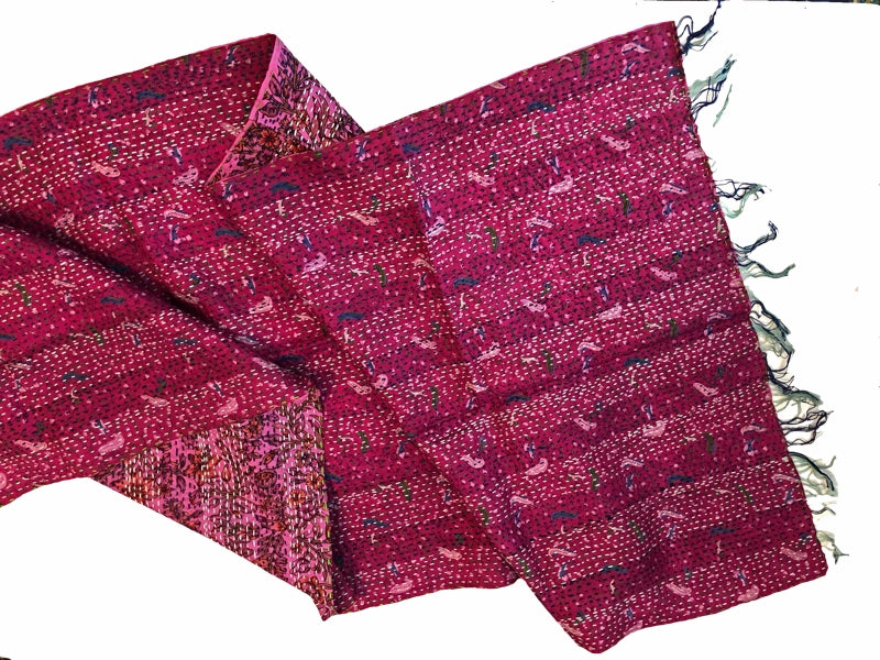 Double-sided Silk Sari Kantha Stitched Scarf (Pink, Magenta, Blues) — The Red Sari