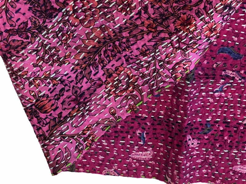 Double-sided Silk Sari Kantha Stitched Scarf (Pink, Magenta, Blues) — The Red Sari