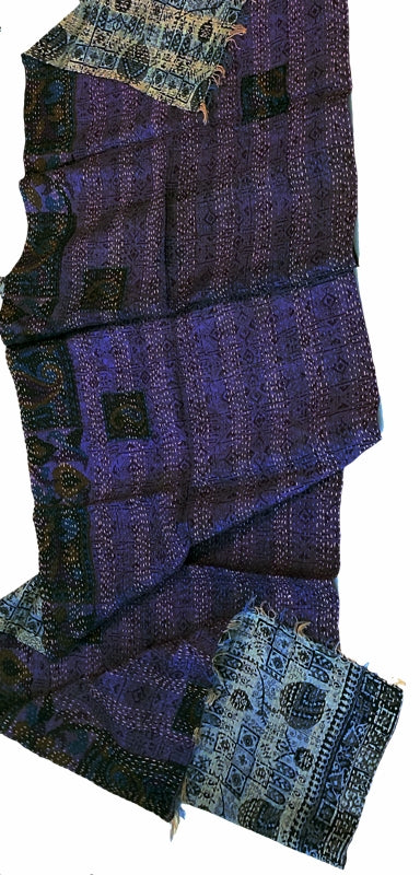 Double-sided Silk Sari Kantha Stitched Scarf (Purple, Blues, Grays) The Red Sari