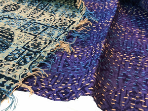 Double-sided Silk Sari Kantha Stitched Scarf (Purple, Blues, Grays) — The Red Sari