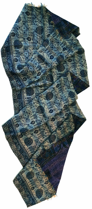Double-sided Silk Sari Kantha Stitched Scarf (Purple, Blues, Grays) — The Red Sari