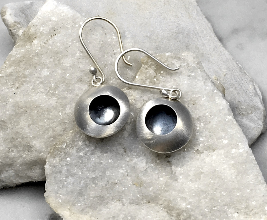 EMMA TALLACK JEWELRY — Handcrafted Double-Domed, Brushed Sterling Silver Dangling Earrings with Oxidized Centers — 1.5 centimeters