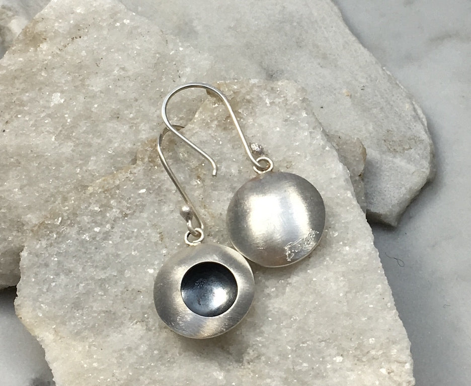 EMMA TALLACK JEWELRY — Handcrafted Double-Domed, Brushed Sterling Silver Dangling Earrings with Oxidized Centers — 1.5 centimeters