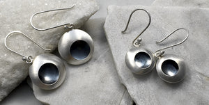 EMMA TALLACK JEWELRY — Handcrafted Double-Domed, Brushed Sterling Silver Dangling Earrings with Oxidized Centers — 1.5 centimeters