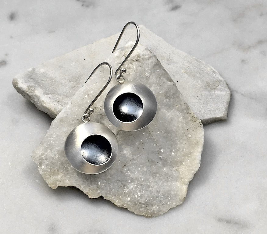 EMMA TALLACK JEWELRY — Handcrafted Double-Domed, Brushed Sterling Silver Dangling Earrings with Oxidized Centers — 1.5 centimeters