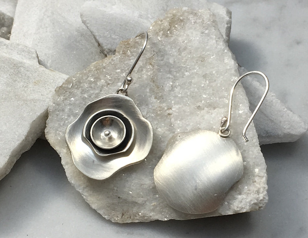 EMMA TALLACK JEWELRY — Handcrafted Triple Layer Petals Brushed Sterling Silver Dangling Earrings
