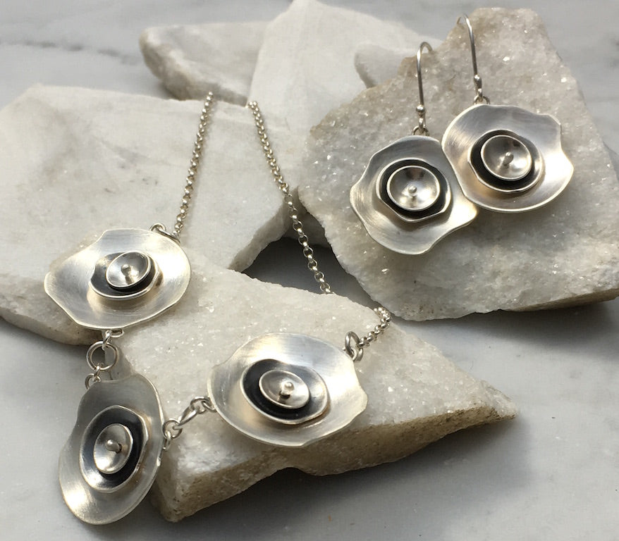 Emma Tallack Triple Layer Petals Brushed Silver Dangling Earrings and Matching Pendant