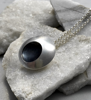 EMMA TALLACK JEWELRY —  Handcrafted Double-Domed, Brushed Sterling Silver Pendant with Oxidized Center — 2.0 centimeters