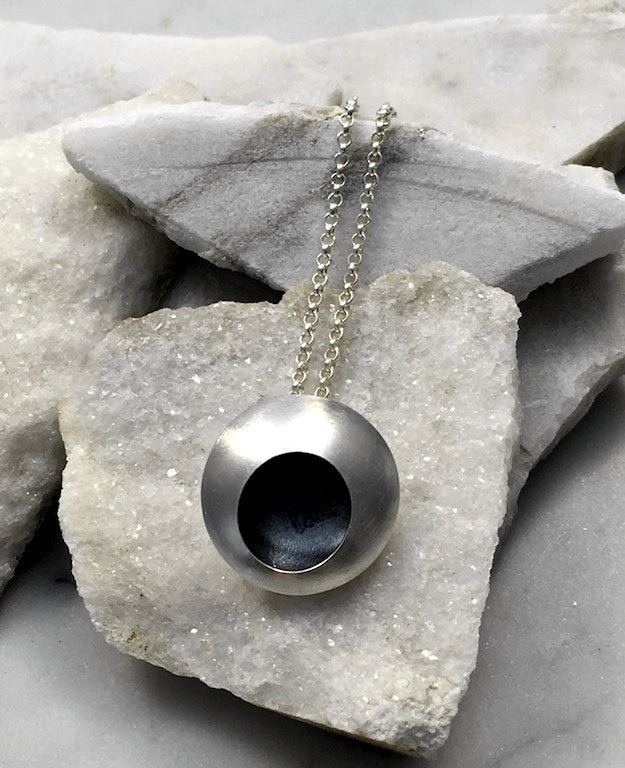 EMMA TALLACK JEWELRY —  Handcrafted Double-Domed, Brushed Sterling Silver Pendant with Oxidized Center — 2.0 centimeters