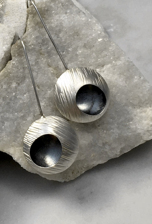 EMMA TALLACK JEWELRY — Handcrafted Double-Domed, Brushed Sterling Silver, Hammer-Textured Dangling Earrings with Oxidized Centers