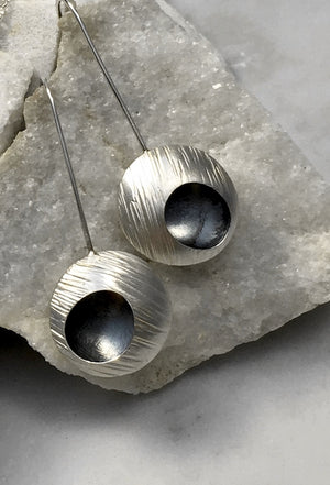 EMMA TALLACK JEWELRY — Handcrafted Double-Domed, Brushed Sterling Silver, Hammer-Textured Dangling Earrings with Oxidized Centers
