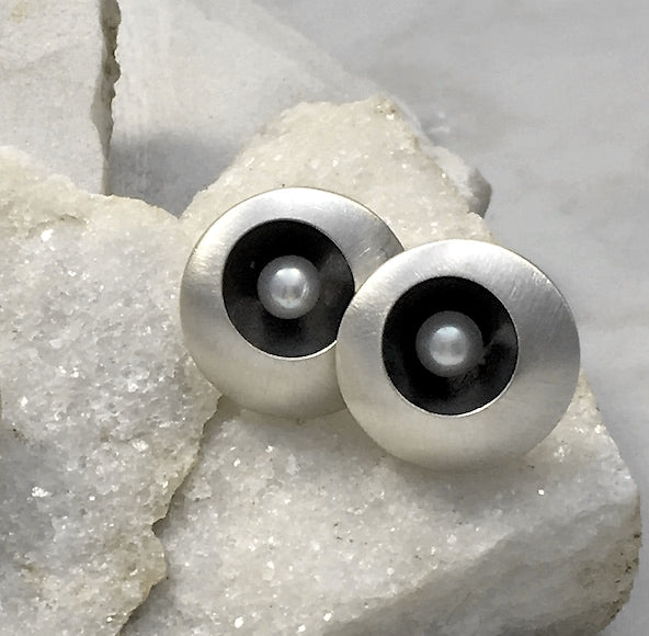 EMMA TALLACK JEWELRY — Handcrafted Double-Domed, Brushed Sterling Silver, Fresh-Water Cultured White Button Pearl Stud Earrings with Oxidized Centers — 1.5 centimeters