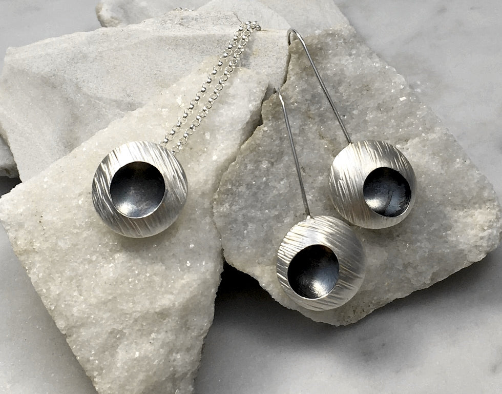 EMMA TALLACK JEWELRY — Handcrafted Double-Domed, Brushed Sterling Silver, Hammer-Textured Dangling Earrings with Oxidized Centers