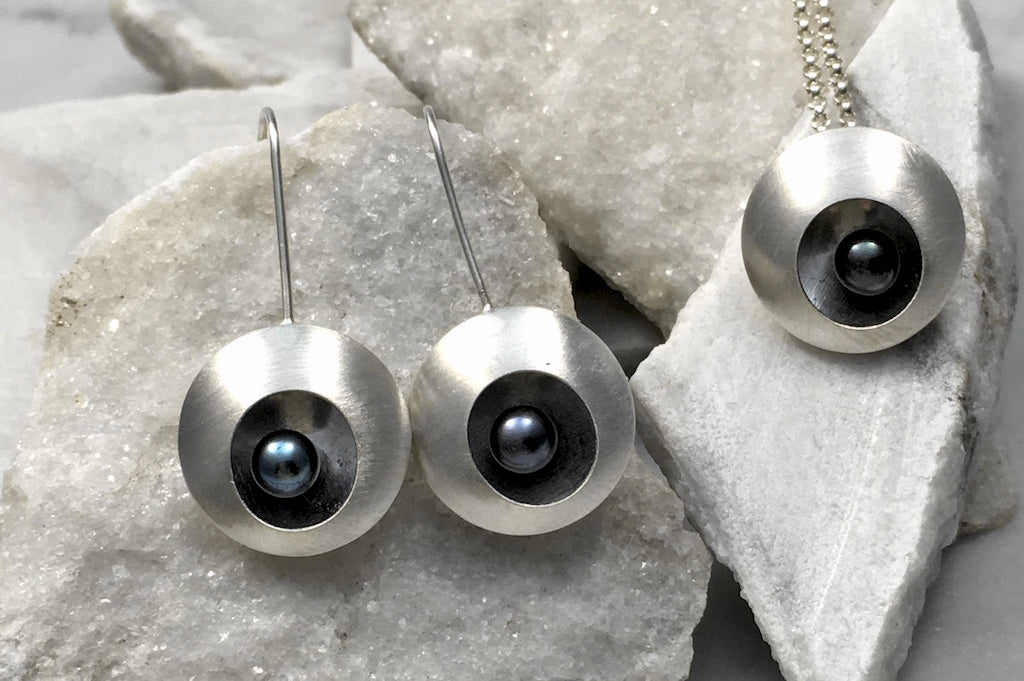 EMMA TALLACK JEWELRY — Handcrafted Double-Domed, Brushed Sterling Silver, Fresh-Water Cultured Raven Pearl Dangling Earrings with Oxidized Centers — 1.5 centimeters