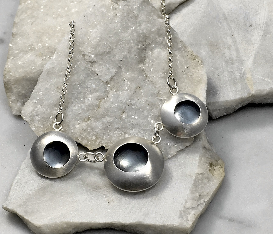 EMMA TALLACK JEWELRY —  Handcrafted Double-Domed, Brushed Sterling Silver, Triple Disc Pendant with Oxidized Centers
