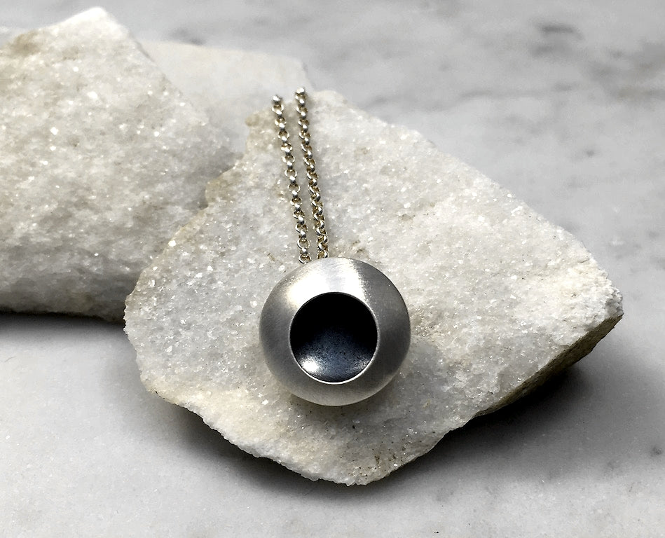 EMMA TALLACK JEWELRY —  Handcrafted Double-Domed, Brushed Sterling Silver Pendant with Oxidized Center — 1.5 centimeters