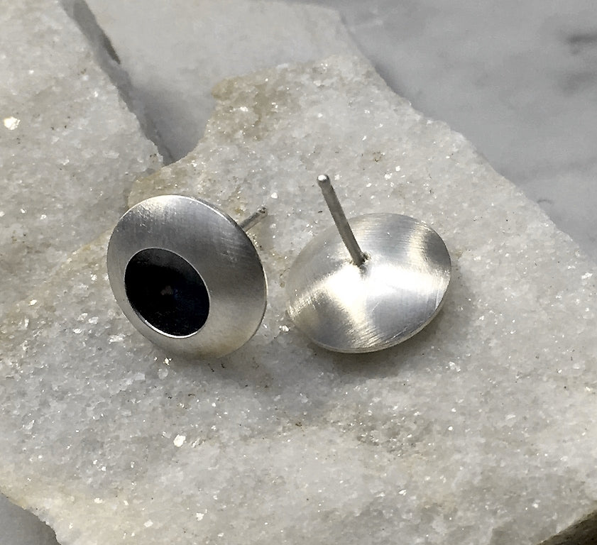 EMMA TALLACK JEWELRY — Handcrafted Double-Domed, Brushed Sterling Silver Stud Earrings with Oxidized Centers — 1.2 centimeters