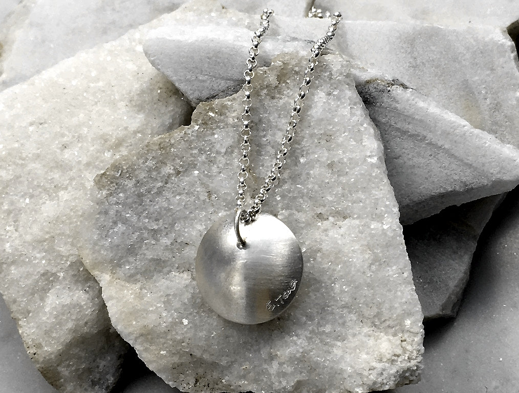 EMMA TALLACK JEWELRY —  Handcrafted Double-Domed, Brushed Sterling Silver and White Button Pearl Pendant / Necklace with Oxidized Center — 1.5 centimeters