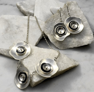 Emma Tallack Triple Layer Petals Brushed Sterling Silver Necklace and Matching Earrings