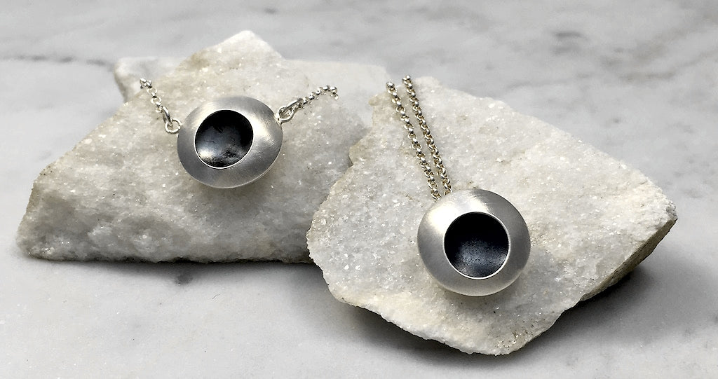 Emma Tallack Double Domed Sterling Silver Necklace and Pendant with Oxidized Center 1.5 centimeters