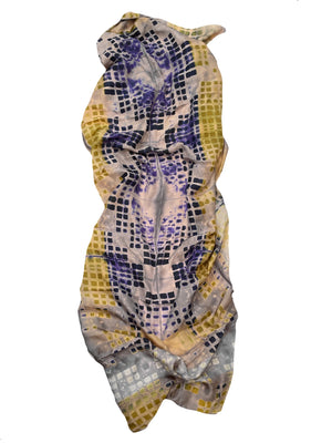 Hand-dyed, Large Gold, Purple and Gray Checks Silk Scarf/Shawl — Handmade by SIDR Craft