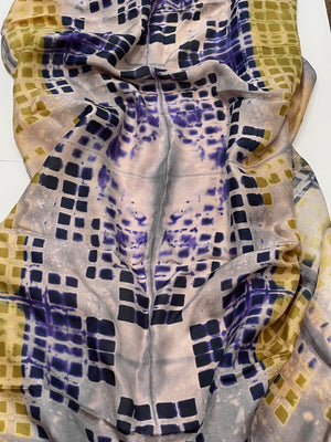 Hand-dyed, Large Gold, Purple and Gray Checks Silk Scarf/Shawl — Handmade by SIDR Craft