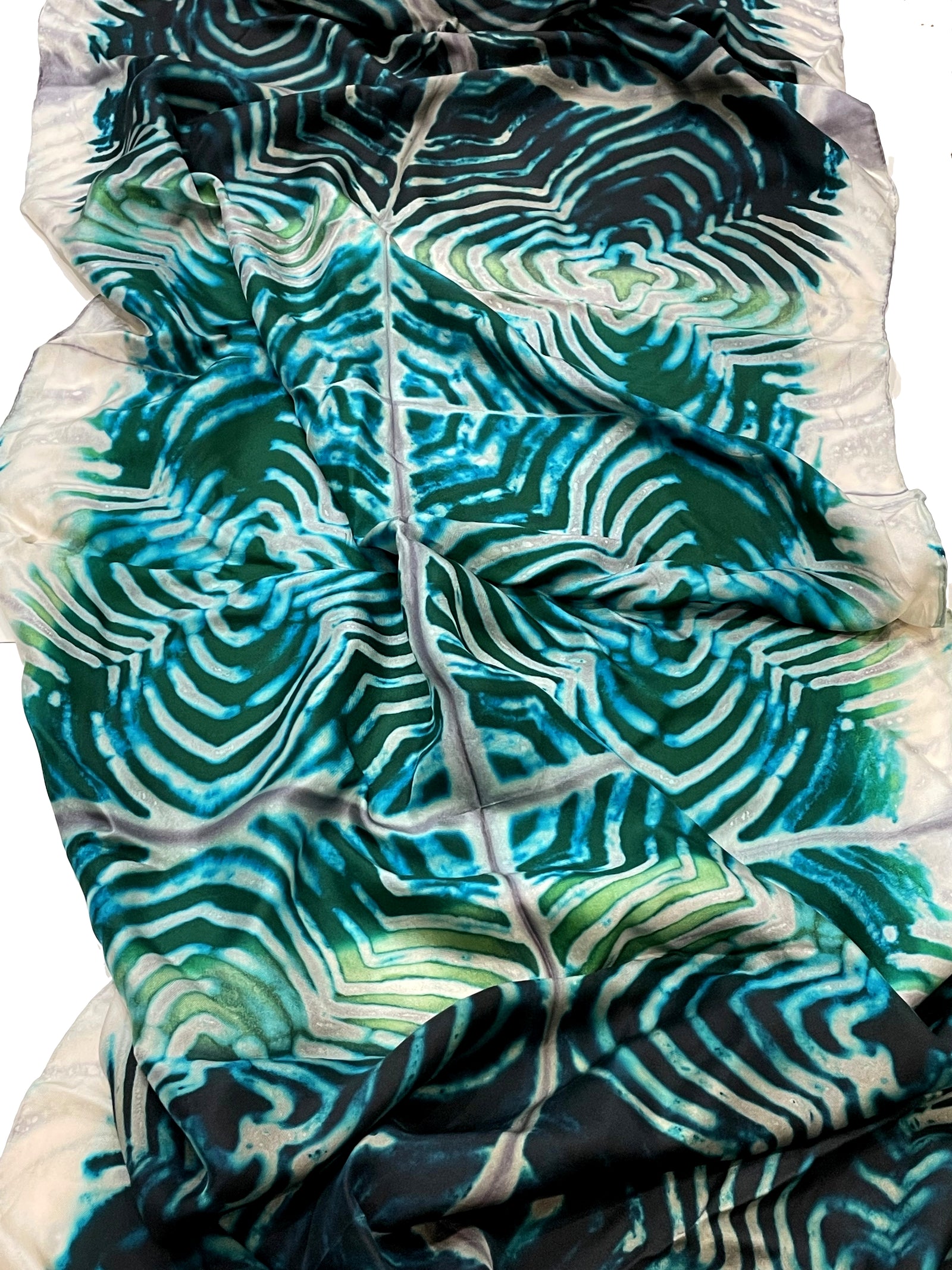 Hand-dyed, Long Teal, Black, Gray and White Vibrations Silk Scarf — Handcrafted by SIDR Craft